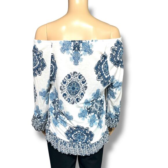 INC International Concepts Womens Blouse Top Shirt Floral Geo Print Blue White - Picture 3 of 8